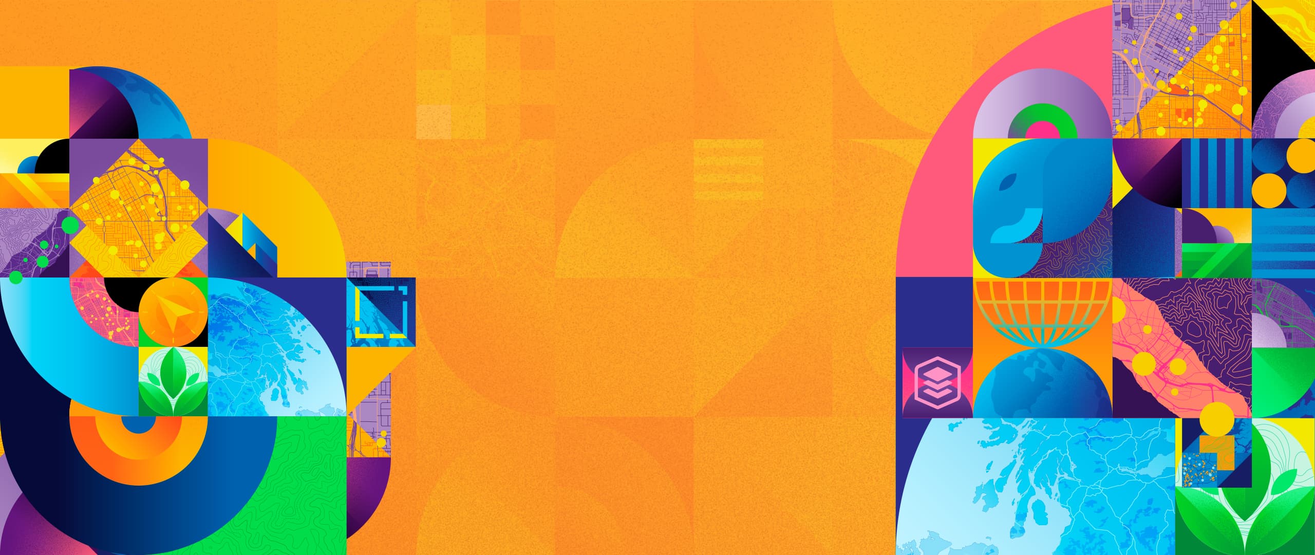 Vibrant multicolor background made of interwoven diagonal lines with overlays depicting detailed hill shade and bubble maps